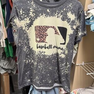 Baseball Mama Graphic Tee - Charcoal with Cream & Pink Leopard